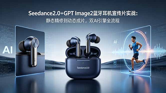 Seedance2.0+GPT Image2蓝牙耳机宣传片实战:静态精修到动态成片,双AI引擎全流程 Seedance2.0+GPT Image2蓝牙耳机宣传片实战:静态精修到动态成片,双AI引擎全流程