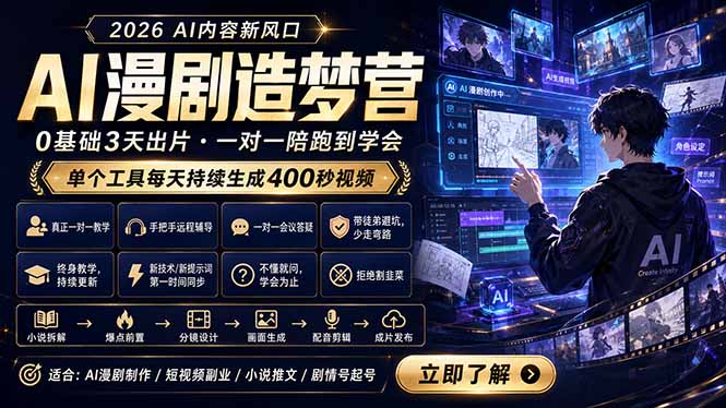 AI漫剧造梦营:0基础3天出片,单个工具每天持续生成400秒视频 AI漫剧造梦营:0基础3天出片,单个工具每天持续生成400秒视频