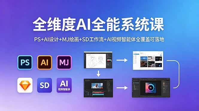 全维度AI全能系统课,PS+AI设计+MJ绘画+SD工作流+AI视频智能体全覆盖可落地 全维度AI全能系统课,PS+AI设计+MJ绘画+SD工作流+AI视频智能体全覆盖可落地
