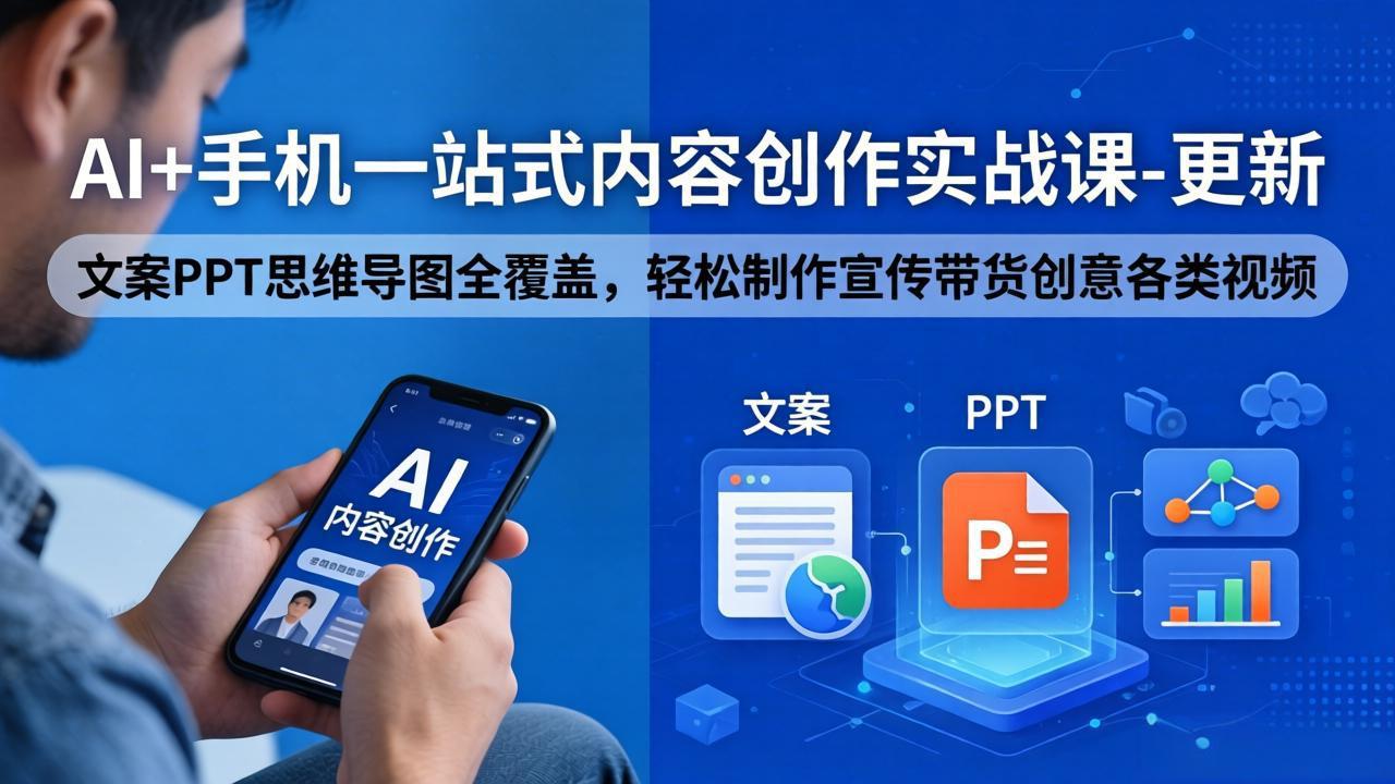 AI+手机一站式内容创作实战课-更新,文案PPT思维导图全覆盖,轻松制作宣传带货创意各类视频 AI+手机一站式内容创作实战课-更新,文案PPT思维导图全覆盖,轻松制作宣传带货创意各类视频