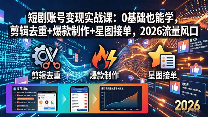 短剧账号变现实战课:0基础也能学,剪辑去重+爆款制作+星图接单,2026流量风口 短剧账号变现实战课:0基础也能学,剪辑去重+爆款制作+星图接单,2026流量风口