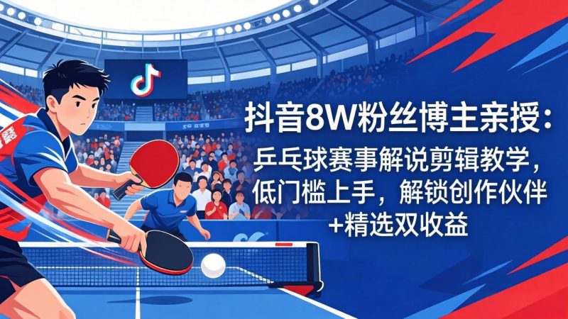 抖音8W粉丝博主亲授:乒乓球赛事解说剪辑教学,低门槛上手,解锁创作伙伴+精选双收益 - 技研社-技研社