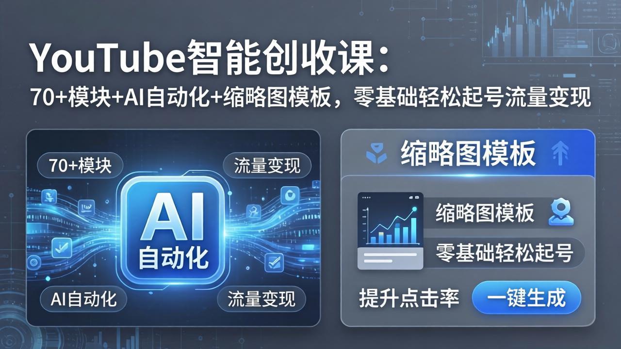 YouTube智能创收课:70+模块+AI自动化+缩略图模板,零基础轻松起号流量变现 YouTube智能创收课:70+模块+AI自动化+缩略图模板,零基础轻松起号流量变现