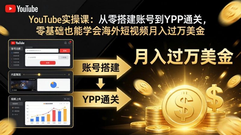 YouTube实操课：从零搭建账号到YPP通关，零基础也能学会海外短视频月入过万美金-技研社