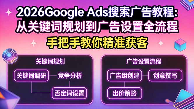 2026Google Ads搜索广告教程:从关键词规划到广告设置全流程,手把手教你精准获客 2026Google Ads搜索广告教程:从关键词规划到广告设置全流程,手把手教你精准获客