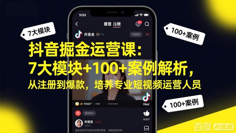 抖音掘金运营课:7大模块+100+案例解析,从注册到爆款,培养专业短视频运营人员 - 技研社-技研社