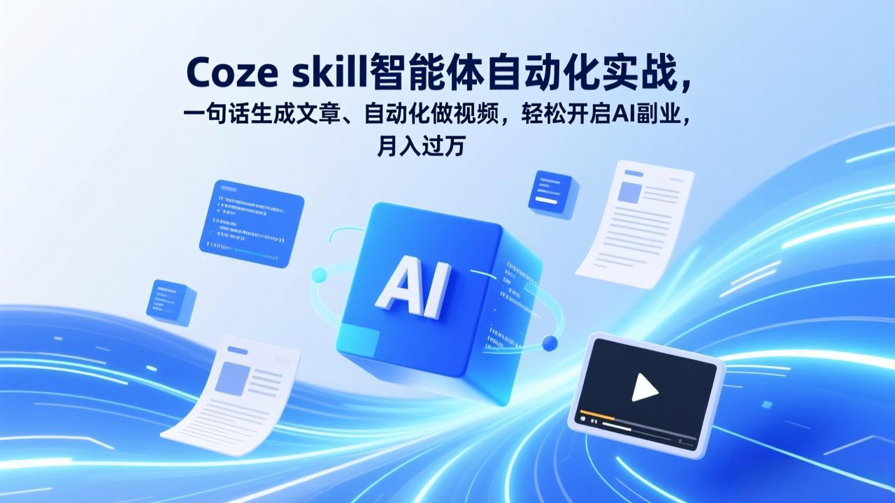 Coze skill智能体自动化实战,一句话生成文章、自动化做视频,轻松开启AI副业,月入过万 Coze skill智能体自动化实战,一句话生成文章、自动化做视频,轻松开启AI副业,月入过万