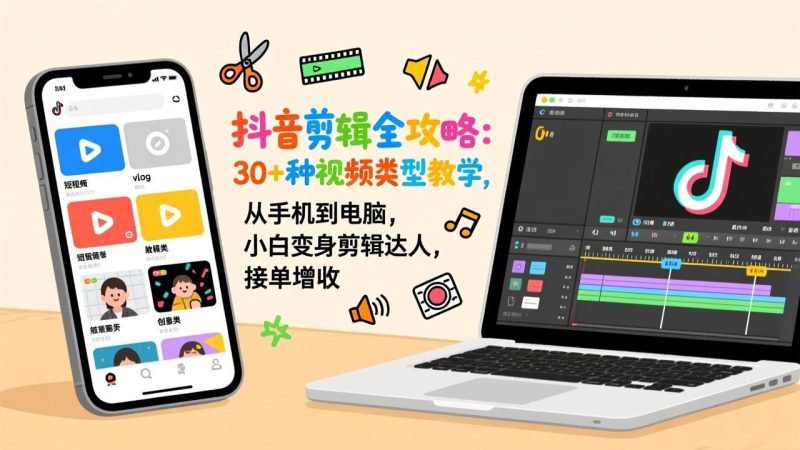 抖音剪辑全攻略:30+种视频类型教学,从手机到电脑,小白变身剪辑达人,接单增收 - 技研社-技研社