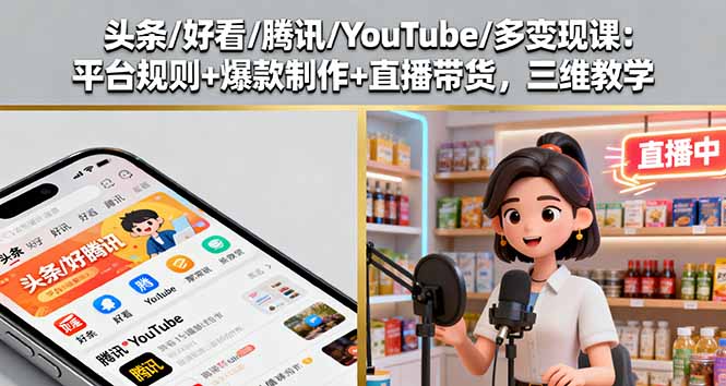 头条/好看/腾讯/YouTube/多变现课:平台规则+爆款制作+直播带货,三维教学 头条/好看/腾讯/YouTube/多变现课:平台规则+爆款制作+直播带货,三维教学