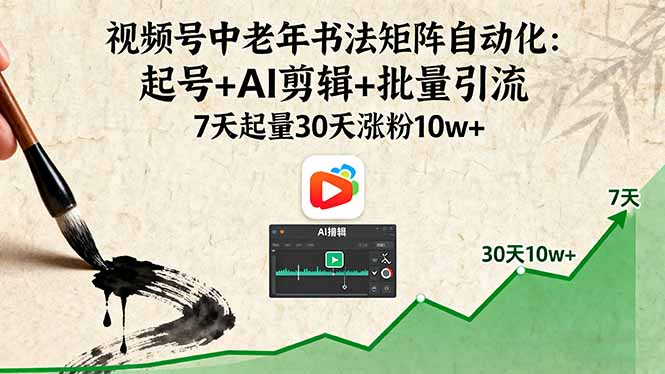 视频号中老年书法矩阵自动化:起号+AI剪辑+批量引流 7天起量30天涨粉10w+ 视频号中老年书法矩阵自动化:起号+AI剪辑+批量引流 7天起量30天涨粉10w+