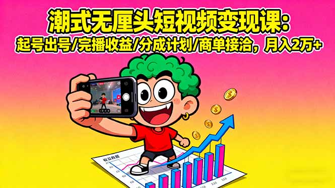 潮式无厘头短视频变现课：起号出号/完播收益/分成计划/商单接洽，月入2万+ - 技研社-技研社