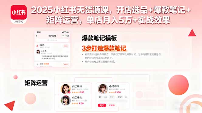 2025小红书无货源课,开店选品+爆款笔记+矩阵运营,单店月入5万+实战效果 2025小红书无货源课,开店选品+爆款笔记+矩阵运营,单店月入5万+实战效果
