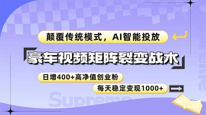 豪车视频矩阵裂变战术,颠覆传统模式,AI智能投放,日增400+高净值创业... 豪车视频矩阵裂变战术,颠覆传统模式,AI智能投放,日增400+高净值创业...