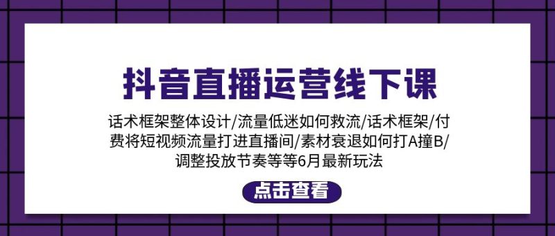 抖音直播运营线下课:话术框架/付费流量直播间/素材A撞B/等6月新玩法 - 技研社-技研社