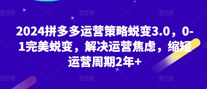 2024拼多多运营策略蜕变3.0,0-1完美蜕变,解决运营焦虑,缩短运营周期2年+ 2024拼多多运营策略蜕变3.0,0-1完美蜕变,解决运营焦虑,缩短运营周期2年+