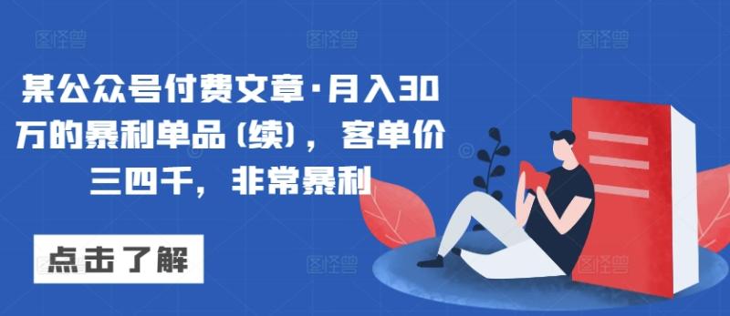 某公众号付费文章·月入30万的暴利单品(续)，客单价三四千，非常暴利 - 技研社-技研社