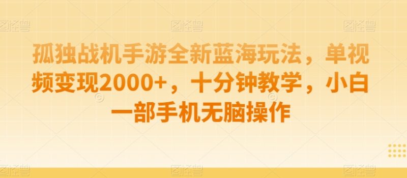 孤独战机手游全新蓝海玩法:单视频变现2000+,十分钟教学-技研社