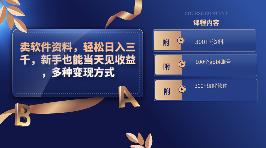 卖软件资料,轻松日入三千,新手也能当天见收益,多种变现方式,(附300T+资料,100个gpt4账号,300+破解软件) 卖软件资料,轻松日入三千,新手也能当天见收益,多种变现方式,(附300T+资料,100个gpt4账号,300+破解软件)