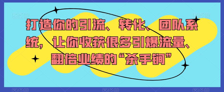 打造你的引流、转化、团队系统,让你收获很多引爆流量、翻倍业绩的“杀手锏” 打造你的引流、转化、团队系统,让你收获很多引爆流量、翻倍业绩的“杀手锏”