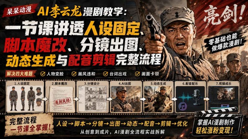 呆呆动漫AI李云龙漫剧教学:一节课讲透人设固定、脚本魔改、分镜出图、动态生成与配音剪辑完整流程-技研社