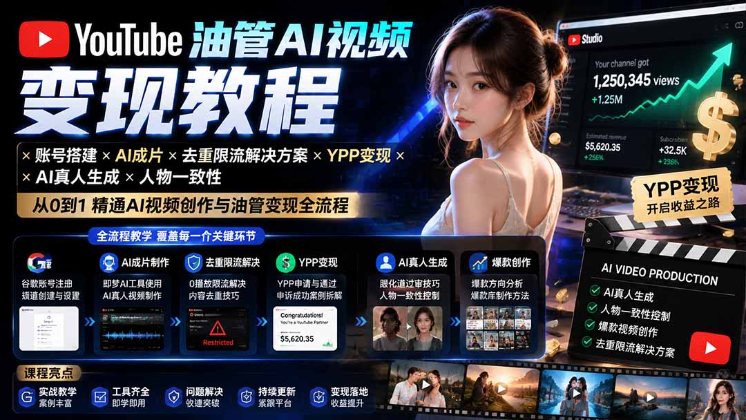 YouTube油管AI视频变现教程-更新:账号搭建×AI成片×去重限流解决方案×YPP变现×AI真人生成×人物一致性 YouTube油管AI视频变现教程-更新:账号搭建×AI成片×去重限流解决方案×YPP变现×AI真人生成×人物一致性
