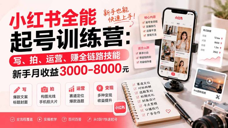 小红书起号全能课：从写拍到运营变现，新手跑通涨粉赚钱链路-技研社