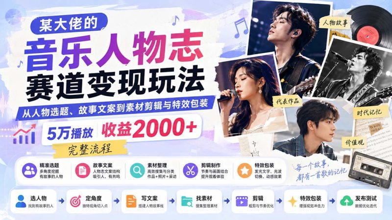某大佬的音乐人物志赛道变现玩法:从人物选题、故事文案到素材剪辑与特效包装,5万播放收益2000+完整流程-技研社