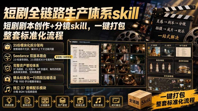 短剧全链路生产体系skill,短剧剧本创作+分镜skill,一键打包,整套标准化流程-技研社