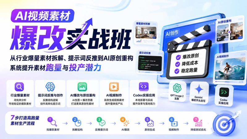 AI视频素材爆改实战班-更新8月:从行业爆量素材拆解、提示词反推到AI原创重构,系统提升素材跑量与投产潜力-技研社