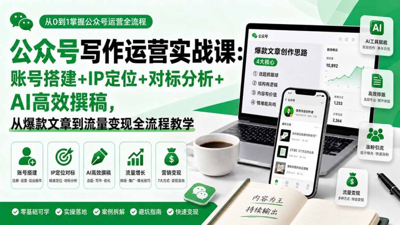 公众号写作运营实战课:账号搭建+IP定位+对标分析+AI高效撰稿,从爆款文章到流量变现全流程教学-技研社