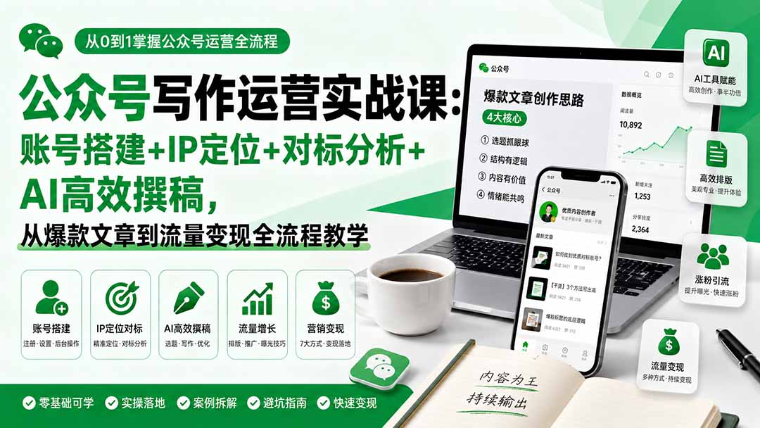 公众号写作运营实战课:账号搭建+IP定位+对标分析+AI高效撰稿,从爆款文章到流量变现全流程教学 公众号写作运营实战课:账号搭建+IP定位+对标分析+AI高效撰稿,从爆款文章到流量变现全流程教学