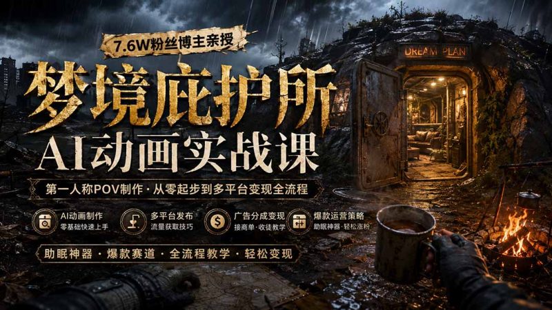 梦境庇护所AI动画实战课:7.6W粉丝博主亲授第一人称POV制作,从零起步到多平台发布变现全流程-技研社