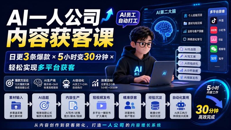 AI一人公司内容获客课-更新8月:日更3条爆款×5小时变30分钟×AI员工自动打工,轻松实现多平台获客-技研社