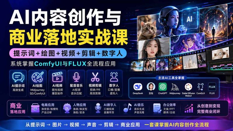 AI内容创作与商业落地实战课:提示词+绘图+视频+剪辑+数字人,系统掌握ComfyUI与FLUX全流程应用-技研社