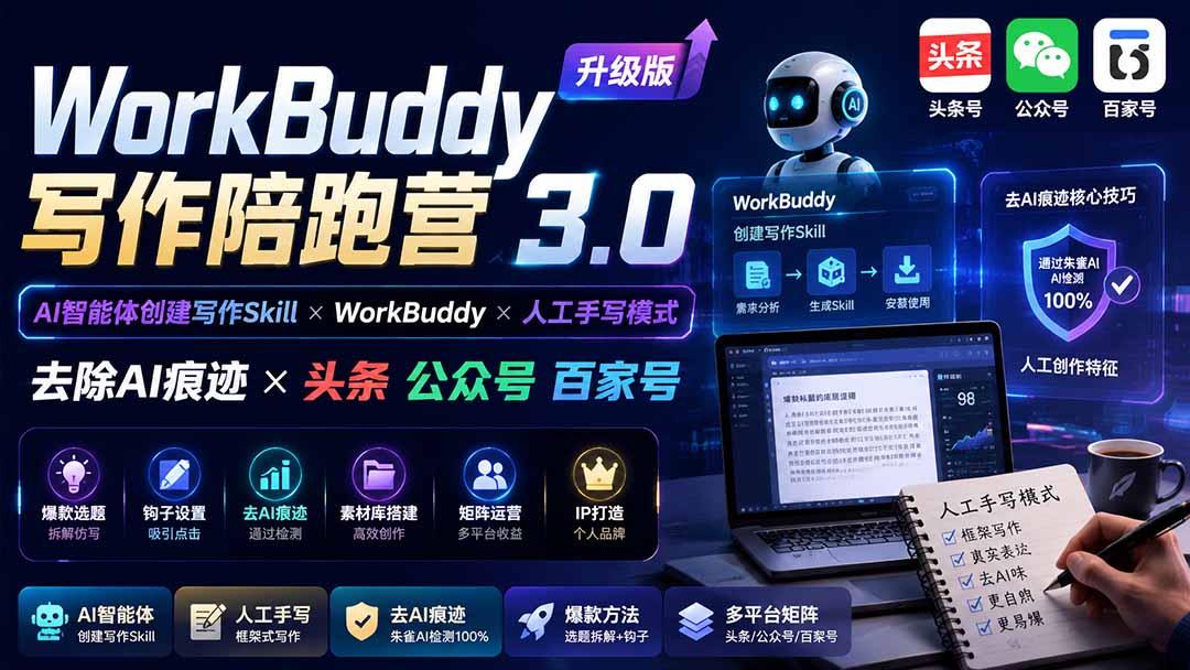 WorkBuddy写作陪跑营3.0-更新:Ai智能体创建写作Skill×WorkBuddy×人工手写模式×去除AI痕迹×头条公众号百家号 WorkBuddy写作陪跑营3.0-更新:Ai智能体创建写作Skill×WorkBuddy×人工手写模式×去除AI痕迹×头条公众号百家号