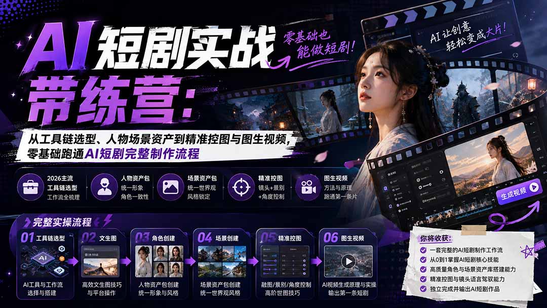 AI短剧实战训练营:从工具链选型、人物场景资产到精准控图与图生视频,零基础跑通AI短剧完整制作流程 AI短剧实战训练营:从工具链选型、人物场景资产到精准控图与图生视频,零基础跑通AI短剧完整制作流程