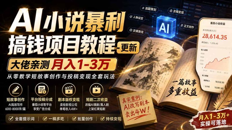AI小说暴利搞钱项目教程-更新,大佬亲测月入1-3万,从零教学短故事创作与投稿变现全套玩法-技研社