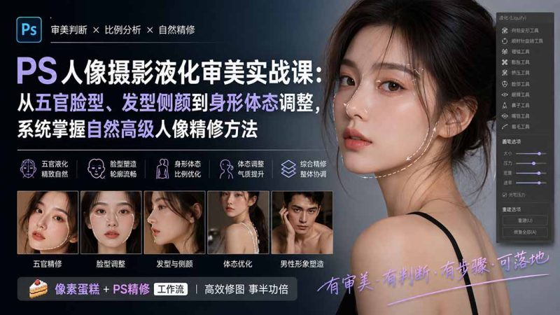 PS人像摄影液化审美实战课:从五官脸型、发型侧颜到身形体态调整,系统掌握自然高级人像精修方法-技研社