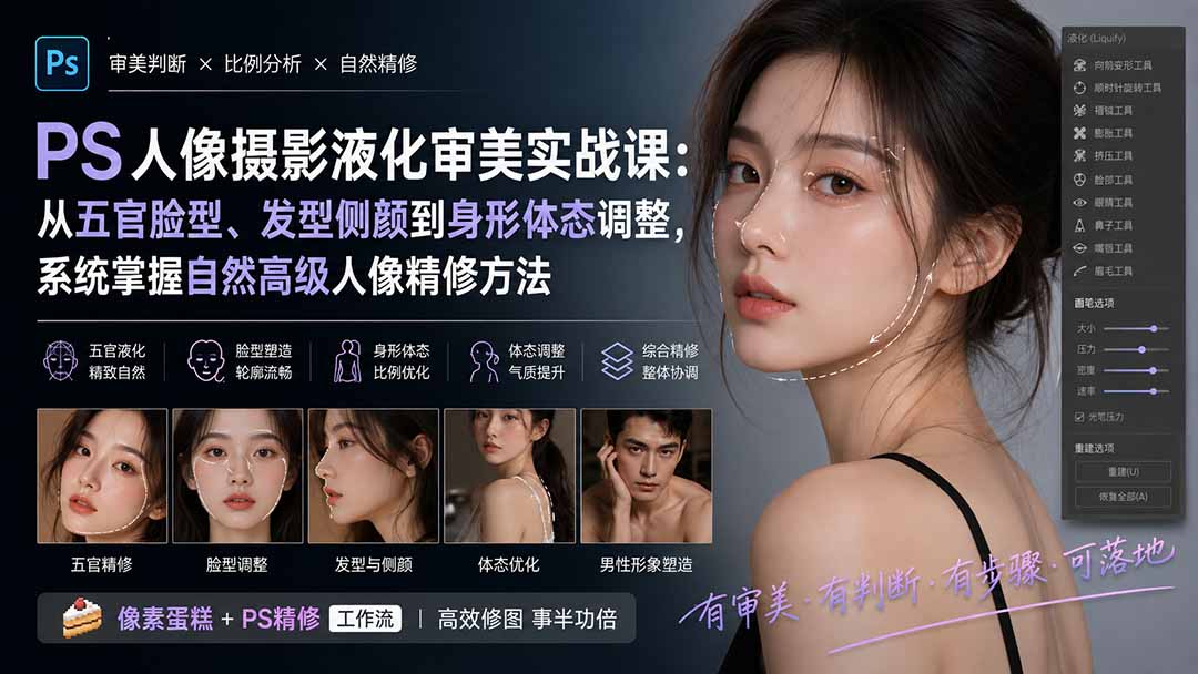 PS人像摄影液化审美实战课:从五官脸型、发型侧颜到身形体态调整,系统掌握自然高级人像精修方法 PS人像摄影液化审美实战课:从五官脸型、发型侧颜到身形体态调整,系统掌握自然高级人像精修方法