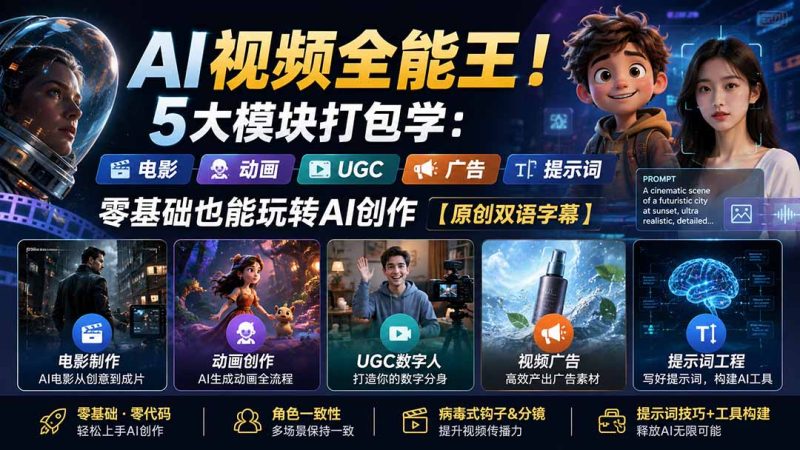 AI视频全能王怎么学 电影动画UGC广告五大模块-技研社