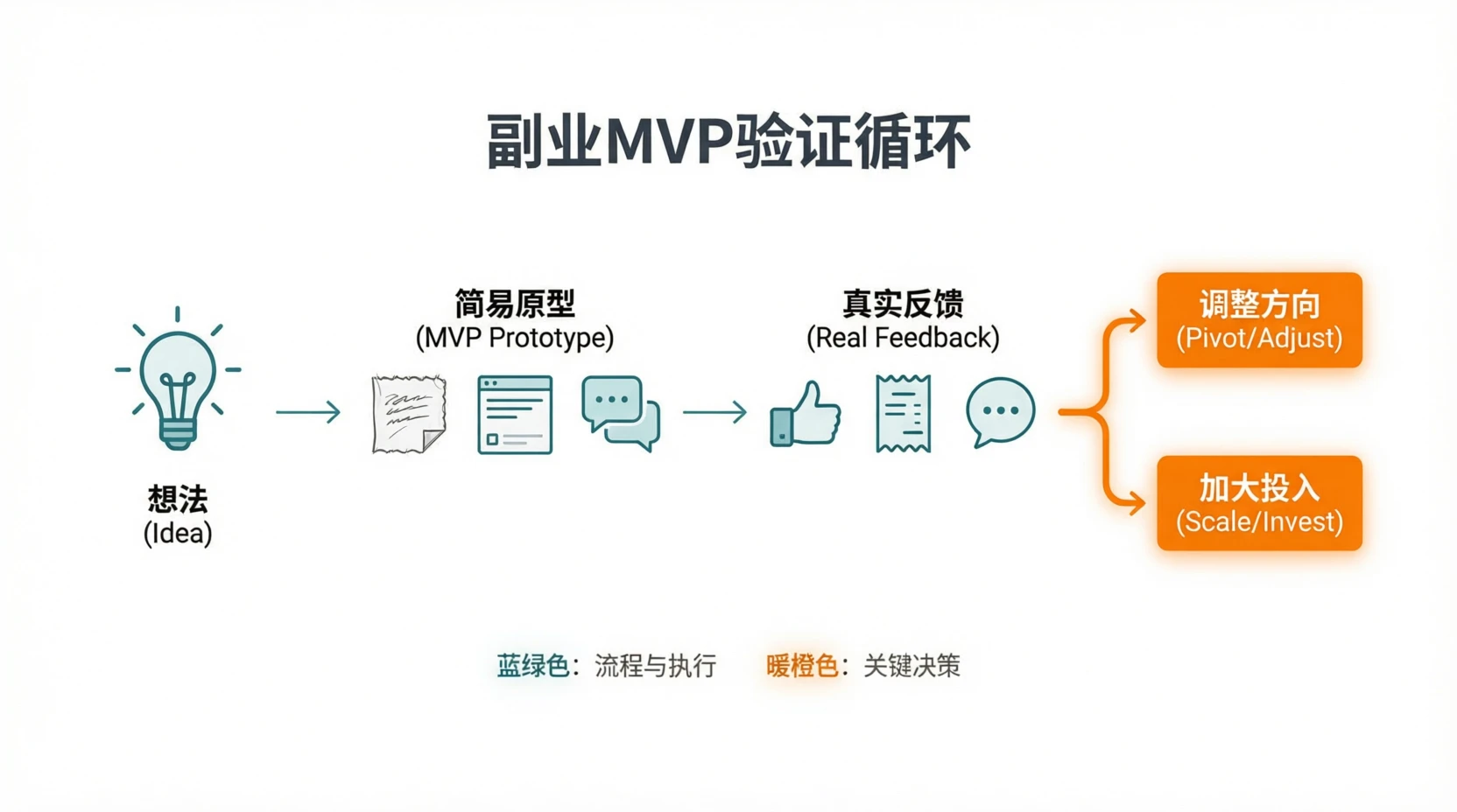 副业MVP验证循环示意图:想法→最小原型→真实用户反馈→调整或扩大