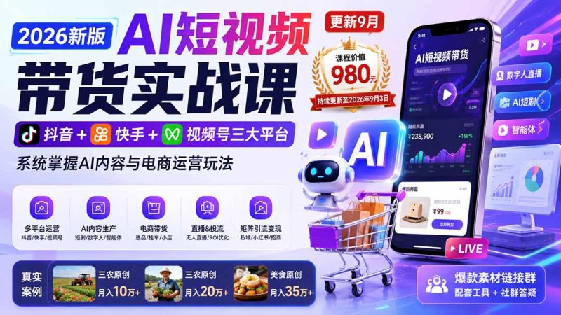 2026新版AI短视频带货实战课-更新9月:抖音+快手+视频号三大平台,系统掌握AI内容与电商运营玩法-技研社