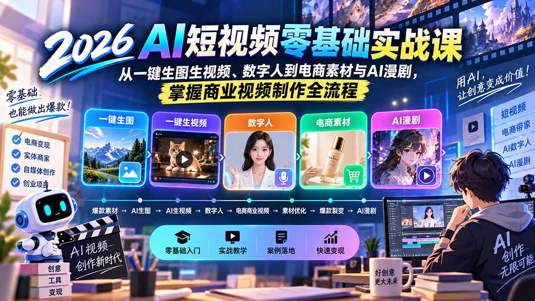 AI短视频零基础实战课的内容路线 AI短视频课程从素材、生图、数字人到电商漫剧的进阶路线