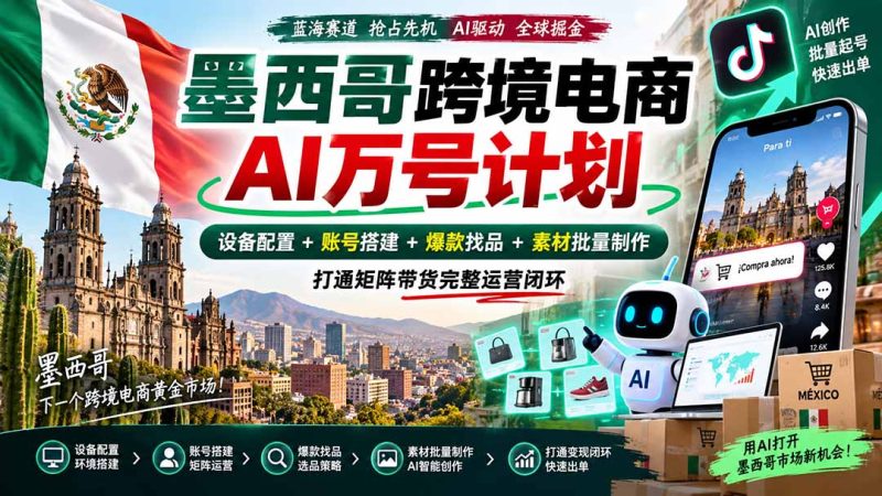 墨西哥AI跨境电商万号计划｜设备配置+账号搭建+爆款找品+素材批量制作，打通矩阵带货完整运营闭环-技研社