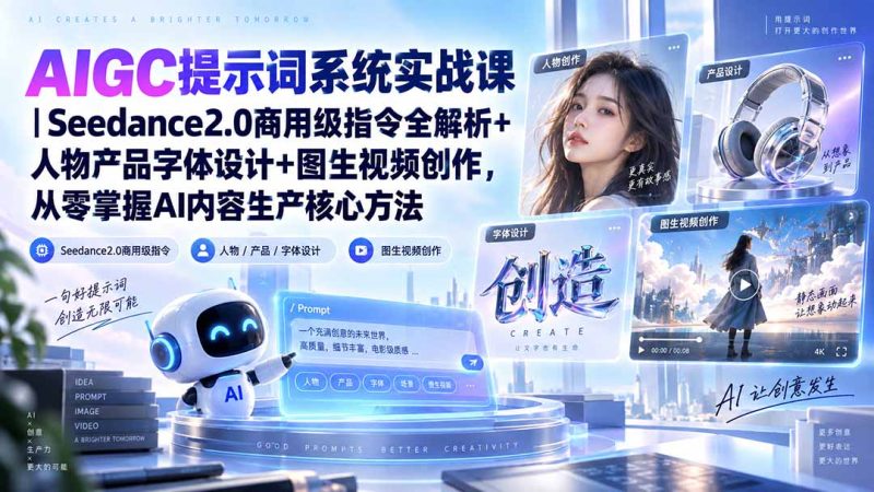 AIGC提示词系统实战课-无水印|Seedance2.0商用级指令全解析+人物产品字体设计+图生视频创作,掌握AI内容生产方法-技研社