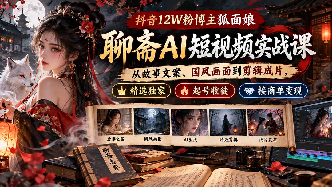 抖音12W粉博主狐面娘-聊斋AI短视频实战课:从故事文案、国风画面到剪辑成片,精