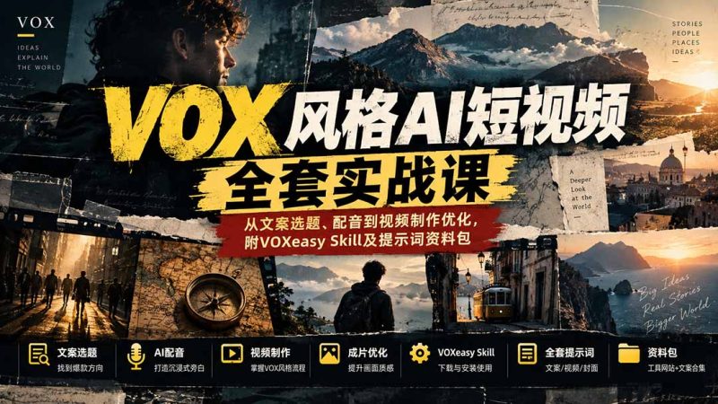 【无水印】VOX风格AI短视频全套实战课:从文案选题、配音到视频制作优化,附VOXeasy Skill及提示词资料包-技研社
