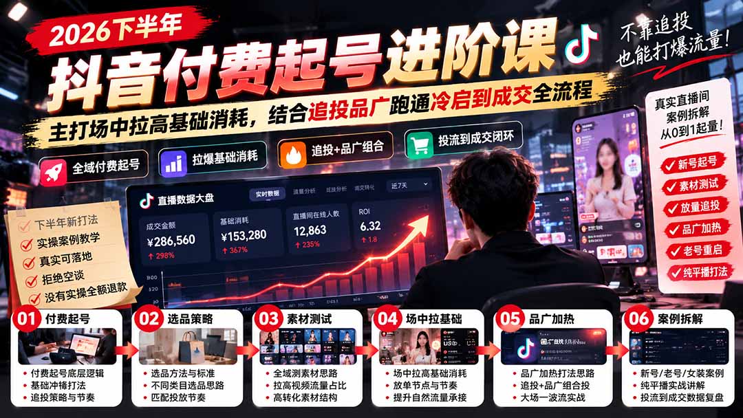 2026下半年抖音付费起号进阶课:主打场中拉高基础消耗,结合追投品广跑通冷启到成交全流程 2026下半年抖音付费起号进阶课:主打场中拉高基础消耗,结合追投品广跑通冷启到成交全流程