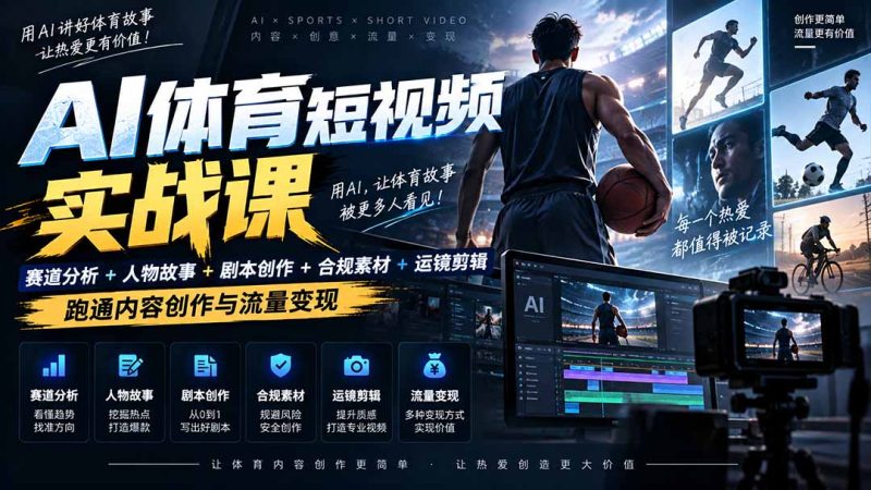 AI体育短视频赛道顶级玩法|赛道分析+人物故事+剧本创作+版权处理+运镜剪辑,跑通流量变现-日赚1K+-技研社