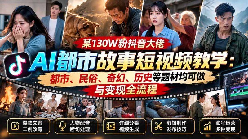 某130W粉抖音大佬AI都市故事短视频教学：都市、民俗、奇幻、历史等题材均可做与变现全流程-技研社